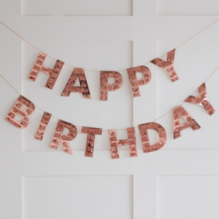 Ruusukultainen Happy Birthday -hapsukirjainnauha
