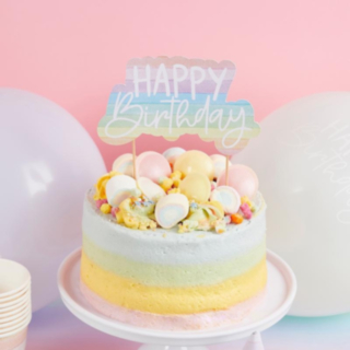 Värikäs pastellinsävyinen Happy Birthday -ekokakkukoriste