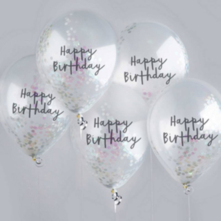 Happy Birthday -konfetti-ilmapallot, helmiäishohtoiset