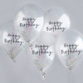 Happy Birthday -konfetti-ilmapallot, helmiäishohtoiset