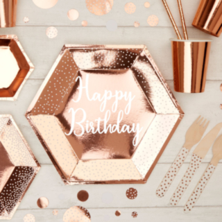 Kuusikulmaiset Happy Birthday Pahvilautaset Ruusukulta