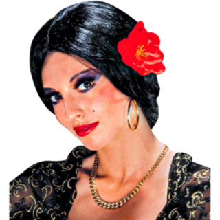 Carmen-peruukki punaisella kukalla