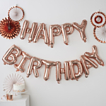 Happy Birthday -ilmapallokirjainnauha ruusukulta