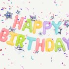Värikäs pastellisävyinen Happy Birthday -foliopallo