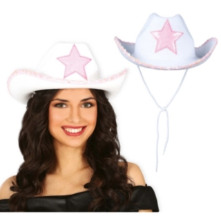 Cowgirl Tähticowboyhattu Valkoinen/Vaaleanpunainen