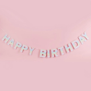 Värikäs pastellisävyinen Happy Birthday -ekokirjainnauha