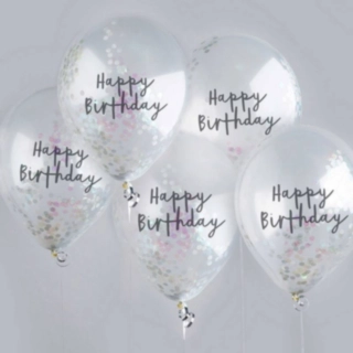 Happy Birthday -konfetti-ilmapallot, helmiäishohtoiset