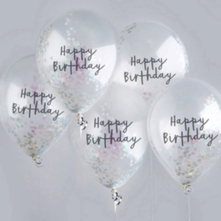 Happy Birthday -konfetti-ilmapallot, helmiäishohtoiset