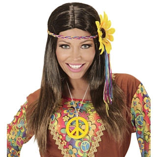 Ruskea hippiperuukki kukkakoristeella