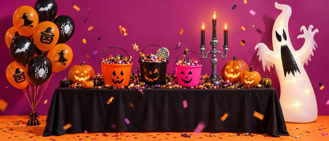 Halloween-juhlapöytä, karkkiämpärit, ilmapallot ja puhallettava kummitus